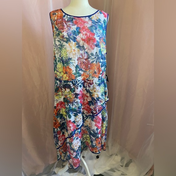 Adrianna Papell Floral Print Asymmetrical Fit & Flare Dress Lettuce Trim - Picture 8 of 14